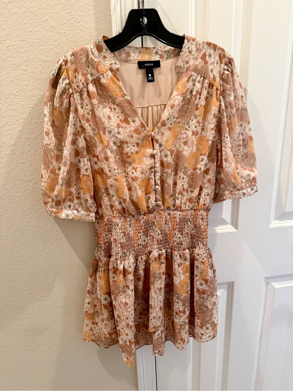 Aqua Peach-Pink Floral Smocked Tiered  hem Mini Dress